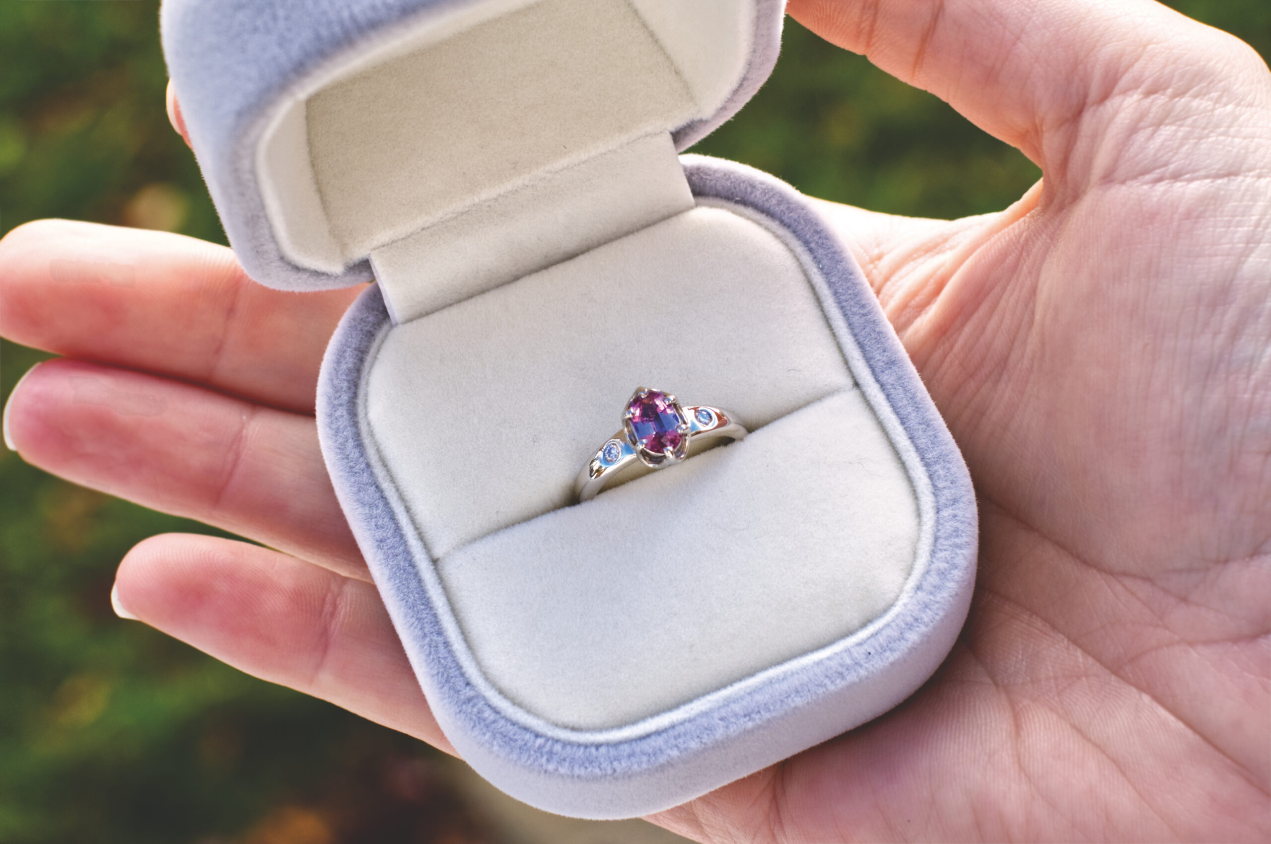 Custom 14K white gold engagement ring made by Hunt Fine Jewelry, Nova Scotia