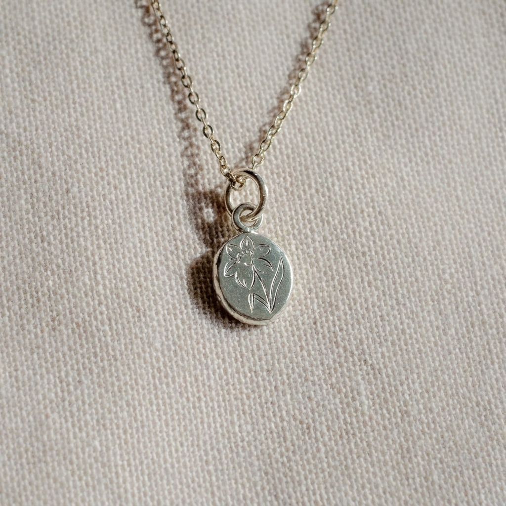 Posy Engraved Charm in sterling silver, hand engraved with a daffodil